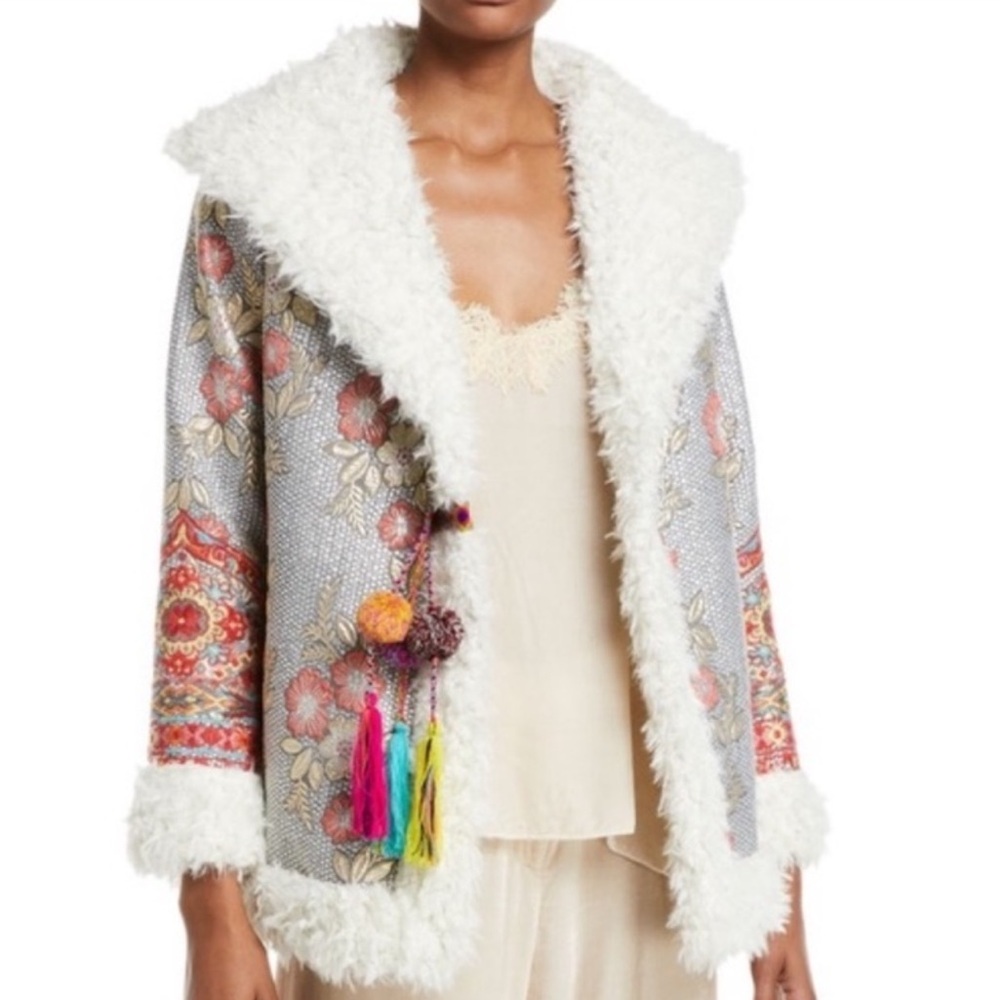 Johnny Was Coat Biya Quarda jacket RARE Metallic Embroidered Faux Fur Penny Lane